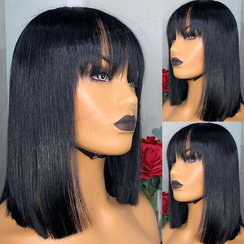 Beyprern Short Bob Human Hair Wigs With Bangs Brazilian Hair Straight Wigs Remy Short Cut Wigs Natural Color Full Machine Wig With Bangs