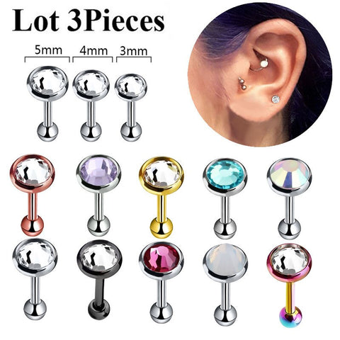 3Piece Stainless Steel Crystal Ear Cartilage Piercing Earring Set 16G Zircon Labret Lip Piercing Lot Tragus Piercing Earring Set