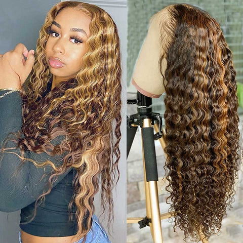 Beyprern Ombre Deep Wave Frontal Wig Honey Blonde Curly Lace Front Human Hair Wigs T Part Highlight Deep Wave HD Lace Frontal Wigs