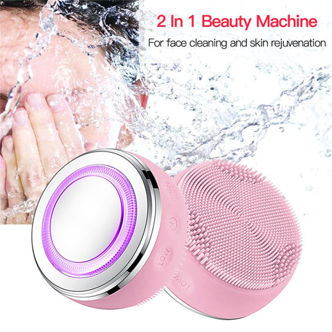 2in1 Electric Facial Cleansing Brush LED Light Silicone Heating Massage Skin Scrub Washing Brush Skin Deep Clean Massager