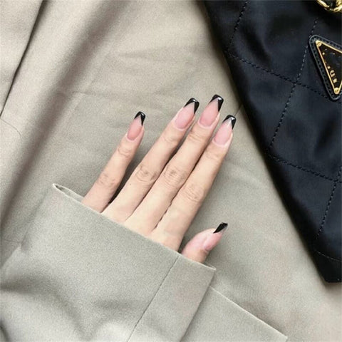 American punk style pure color with black V pattern false nails 24pcs with press glue french lady full nail tips bride fake nail