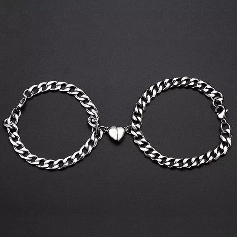 2pcs Punk Couple Bracelet Silver Color Women Men's Hand Chain Stainless Steel Color Romantic Magnet Friendship Bracelets Fashion