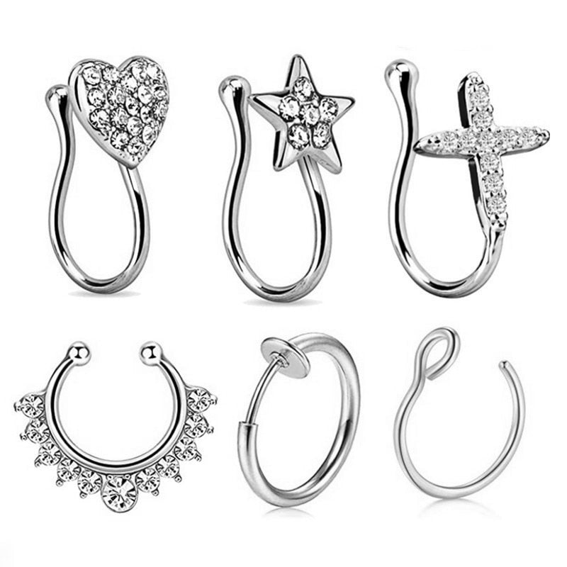 Stainless Steel Flower Fake Nose Ring Set Crystal Non Piercing Ear Cuff Cartilage Earring Clip On Fake Lip Labret Piercing Lot