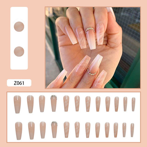 24pcs artificial nails Nude Gradient Nail Patch Rhinestone Inlaid Glue Type Removable Long Paragraph Fashion Manicure nail tips