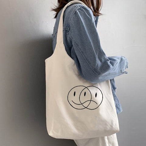 Kpop Women Canvas Bag Shopper Duality Printing Female Cotton Cloth Handbag Tote Letter Kawaii Print Reusable Shoulder Bags