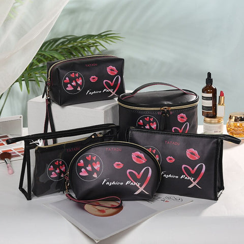 5Pcs/set PU Leather Women Cosmetic Bag Multifunction Travel Toiletry Storage Organizer Handbag Waterproof Female Makeup Cases