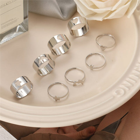 Beyprern 17KM Bohemian Silver Color Star Moon Heart Opening Rings Set For Couple Women Men Lovers Butterfly Wedding Rings Jewelry