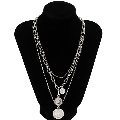 DIEZI Multilayer Baroque Pearl Chain Necklace Fashion Vintage Human Head Carved Coin Pendant Necklaces Women Statement Jewelry