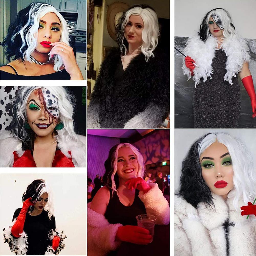 Short Black And White Wig Curly Costume Wig Cruella Wig For Women Halloween Spooky Wig Daily Dress Carnival Party Masquerade Ani