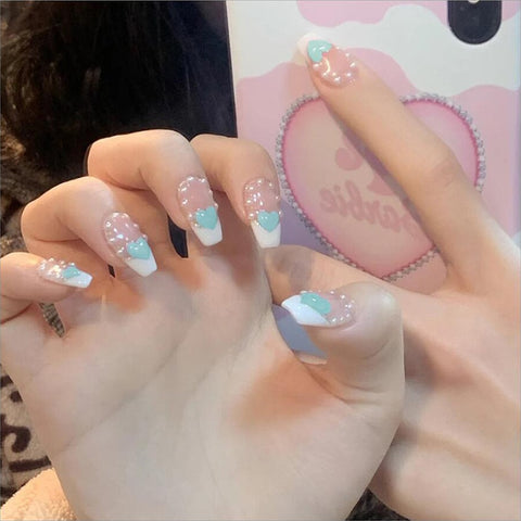 24pcs Fake Nails Pearl Heart Long Ballerina Sweet False Nail with designs Ballet Coffin Nail Tip French Transparent Full Cover