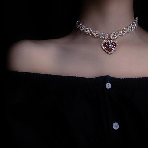 Vintage Style Red Heart Necklace For Women Girls Elegant Pearl Choker Party  Jewelry Kolye Gifts