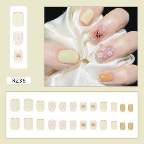 24pcs Detachable False Nails Lattice Cross Color Short Fake Nails with Designs Bow Flower Decal Square Level Nail Tips
