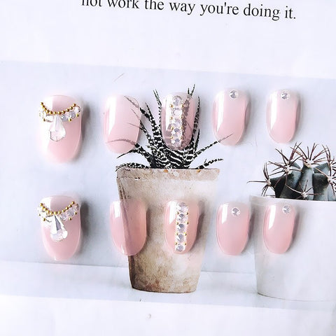 24Pcs Diamond False Nail Long Pink Micro Clear Fake Nail  Press On Nail Art Summer Style Nail Tips With Glue