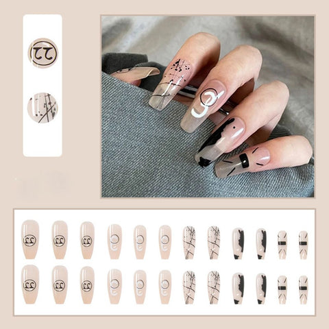Easter  24pcs Press On Nails Nude Pink False Nails Long White Gold Line Decals Coffin Fake Nails Removable Ballerina Faux Nail Art Tips