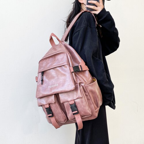 PU Leather Backpack Large Capacity Retro Women Backpacks Female Harajuku 15.6 Inch Laptop School Bag for Teenage Girls Bookbags
