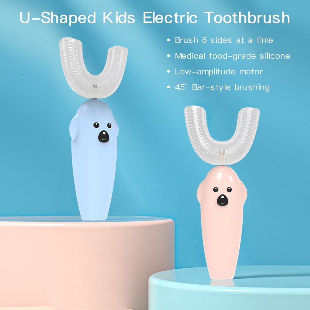 Kids Electric Toothbrush U-Shape Food-grade Silicone IPX5 Waterproof Low Frequency Vibration For 3-12 Yeas Old Children