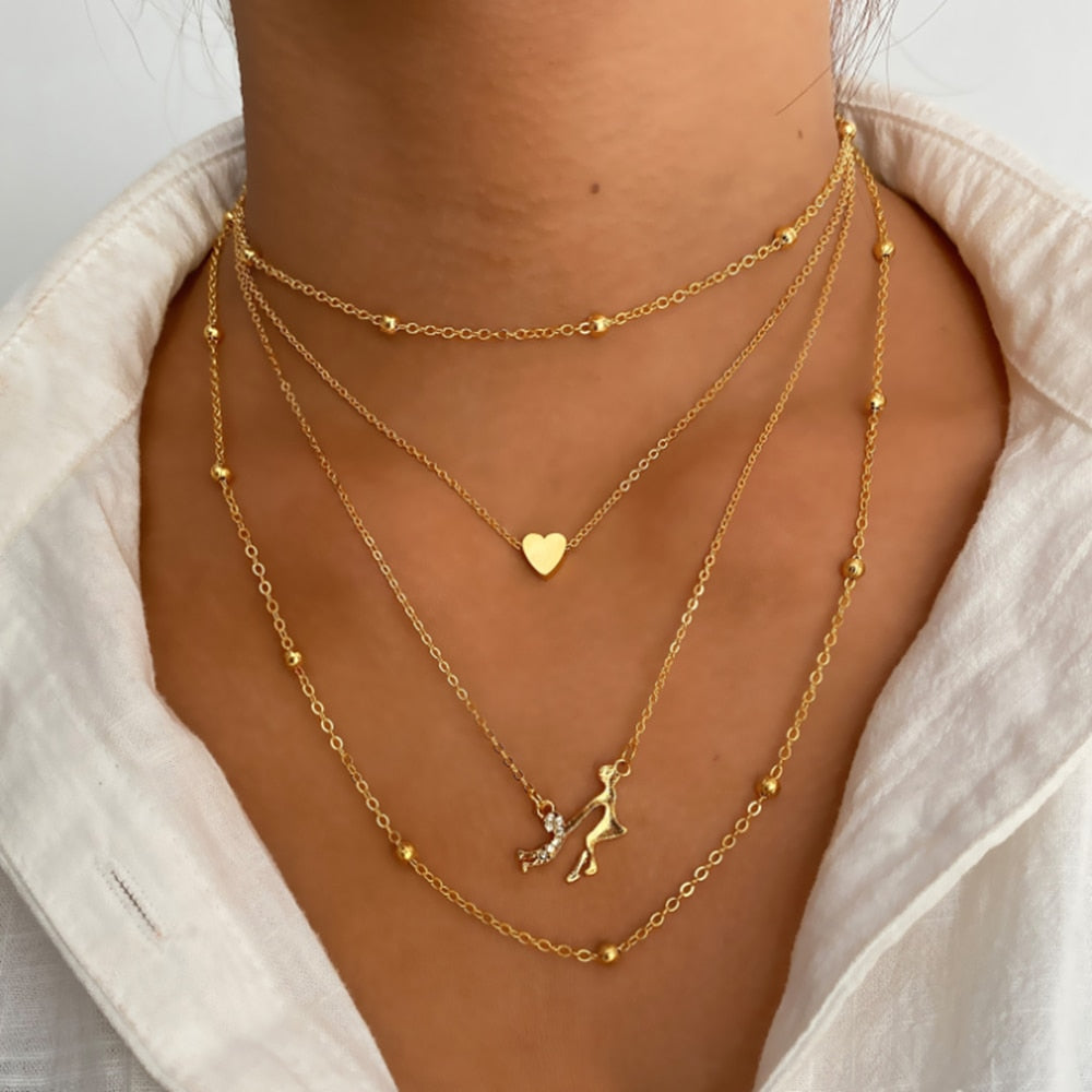 Beyprern Vintage AB Rhinestone Heart Snake Pendant Necklaces Multilayer Clavicle Chain Choker Necklace For Women Jewelry 2023 New