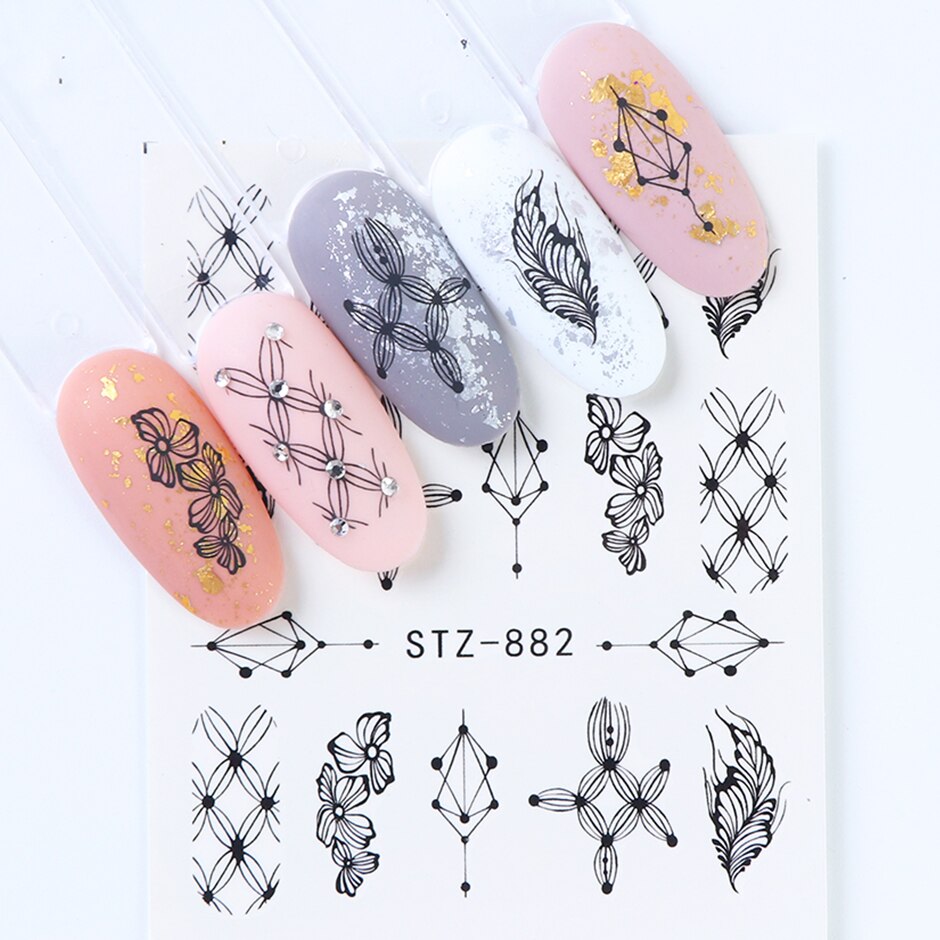 Beyprern 14Pcs Black Nail Stickers Slider Flower Lotus Butterfly DIY Floral Designs Water Tattoo For Wraps Decals Manicure Set STZ880-902