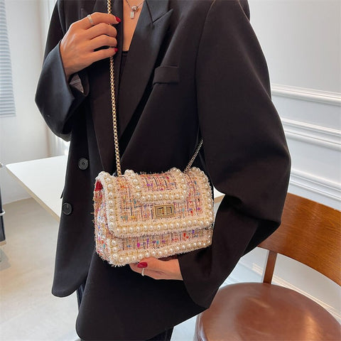 Women Bag 2022 Women's Brand Top Classic Woolen Pearl Square Flap Shoulder Bags For Women Luxury Chain Crossbody Bag Handbags