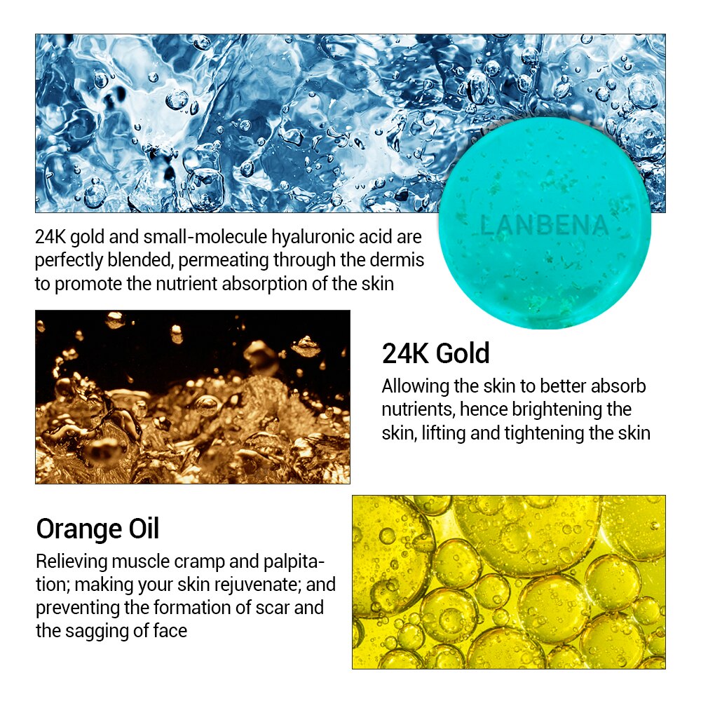 LANBENA Facial Cleansing Handmade Soap 24k Gold Tea Tree Oil Hyaluronic Acid Essential Seaweed WHITENING Acne Repair Clean Tools