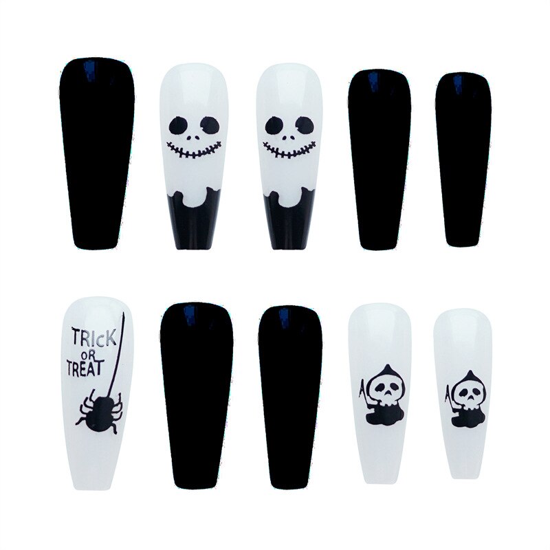 24Pcs Halloween Style False Nails Punk black and white Pattern Detachable Long Coffin Press On Nails Full Cover Fake Nail New