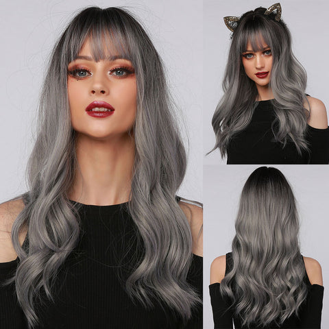 Cyber Monday Big Sales Brown Ombre To Blonde Long Water Wave Wigs With Bangs For Women Synthetic Hair Natural Party Heat Resistant