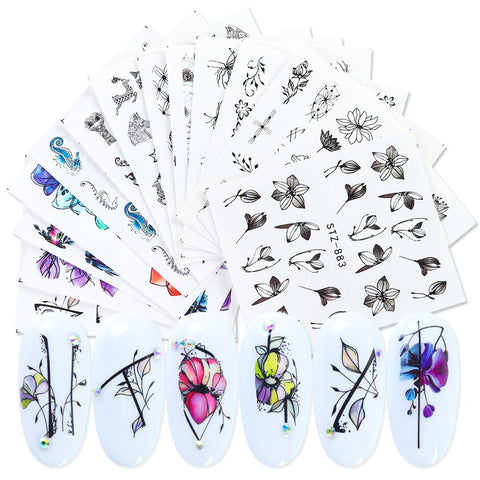 Beyprern 14Pcs Black Nail Stickers Slider Flower Lotus Butterfly DIY Floral Designs Water Tattoo For Wraps Decals Manicure Set STZ880-902