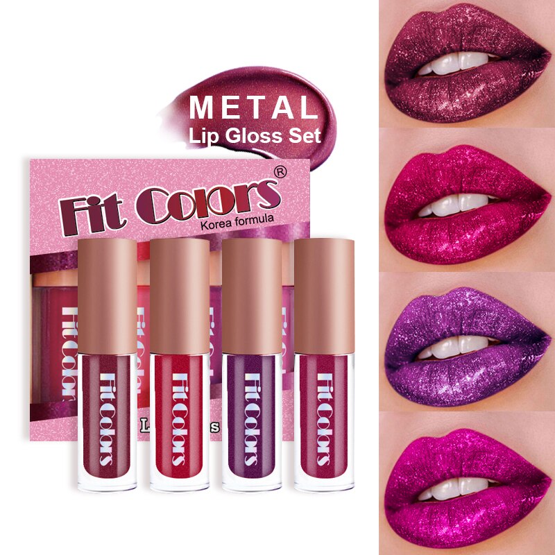 Christmas Gift 4pcs/set Metallic Glitter Matte Lipgloss Not Fade Long Lasting Waterproof Shimmer Purple Red Lipstick Satin Luster Lip Make Up