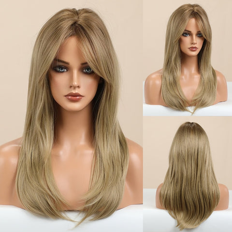 Beyprern Element Synthetic Wigs Long Straight Layered Hairstyle Ombre Black Brown Blonde Gray Gray Ash Full Wigs With Bang For Women Hair