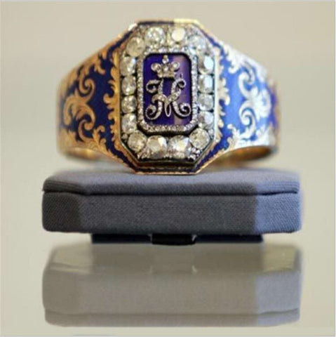 Beyprern New Arrival Mens Ring European and American Vintage Pattern Totem Geometric Blue Wild Print  Anniversary Unisex Ring