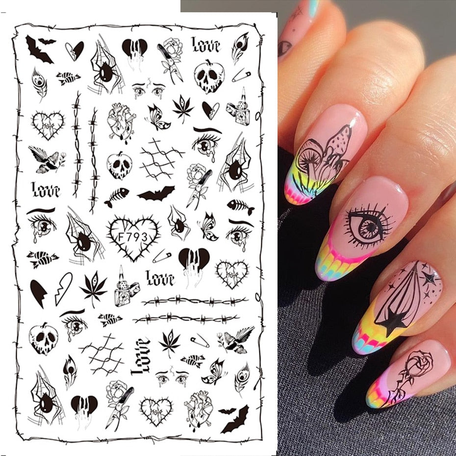 Beyprern Halloween Black Snake Nail Art Stickers Decals Gothic Halloween Design 3D Adhesive Sliders For Nails Tattoo Foils Decors Manicure TRF792-1