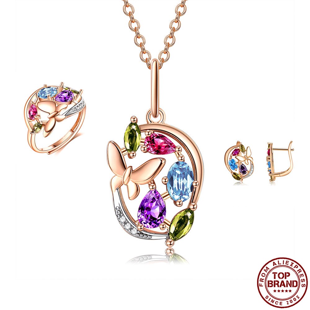 Jewelry Sets For Women Colorful CZ Rose Gold Ring Fashion Jewelry Simple Accessories Butterfly Necklace Earrings Friendship Best