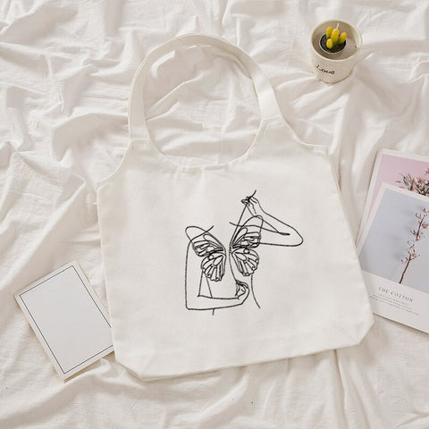 Cotton Linen Women Canvas Shoulder Bags Eco Friendly Shopping Bag Literary Art Vintage Handbag Tote Large Butterfly Gift Bag