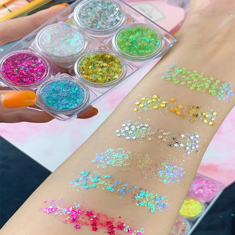 Christmas Gift Thanksgiving Glue Free Makeup Loose Diamond Glitter Festival Party Cosmetics Sequins Gel Eyeshadow for Eyes Face Body Hair 6 Colors/Pack