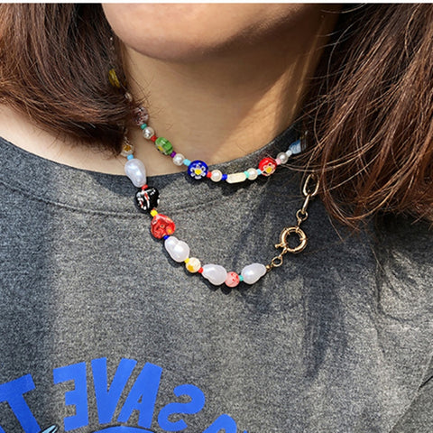 DIEZI Ethnic Fashion 2021 Multicolor Heart Beads Imitation Pearls Choker Necklace Women Bohemian Sweet Flower Pendant Necklace