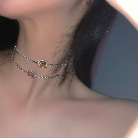 Korean Fashion Shiny Square Crystal Choker Necklace For Women Girls Elegant Rhinestone Pendants Party Jewelry Gift