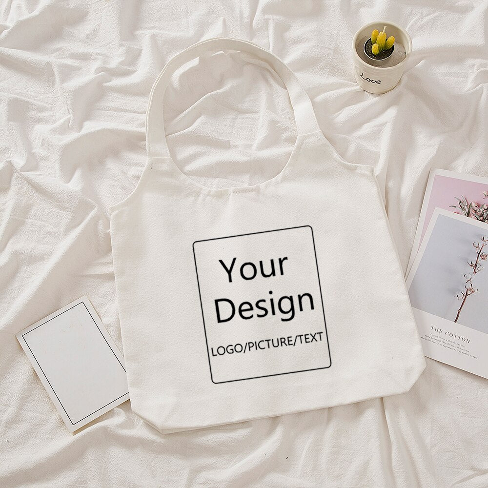 Custom Tote Bag Shopping Your Text Print Picture Logo Design White Black Unisex Fashion Travel Canvas Bags Shoulder Bags Button