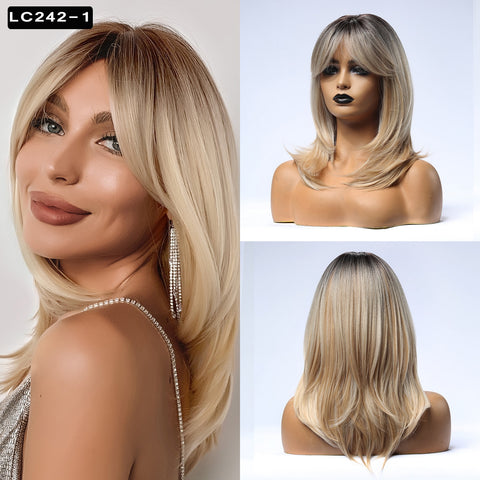 Beyprern Black Friday Big Sales Synthetic Wigs Medium Straight Blonde Mixed Brown Bob With Bangs Wig For Women Cosplay Daily Heat Resistant Headband