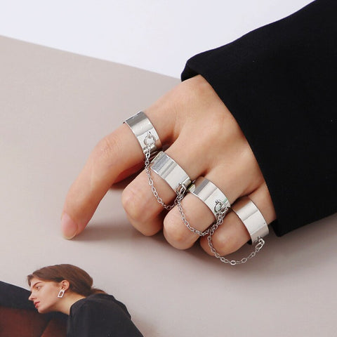 Punk Silver Color Chain Set Of Rings For Girls Women Men Goth Fashion Korean Opening Adjustable Finger Ring Party Jewelry Gifts