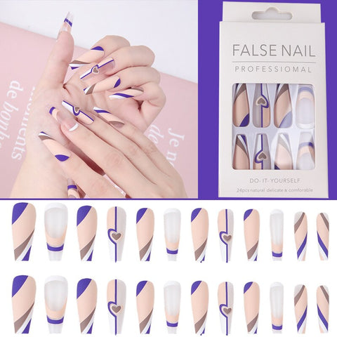 French Purple Wave Pattern With Heart-shaped Design False Nails Wearable Coffin Ballerina Fake Nails Full Cover Press On Nails