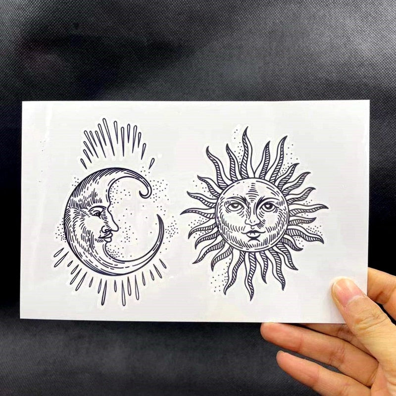 Dark Series Sun And Moon Hand Fake Tattoo Stickers For Men Women Waterproof Temporary Tattos Body Art Arm Tatoos
