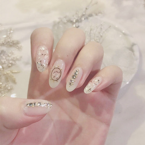 White Heart Fake Nails with Designs Gradient Rhinestone Pearl Coffin Artificial Nails Tips Bow Long Ballerina False Nail Z1348