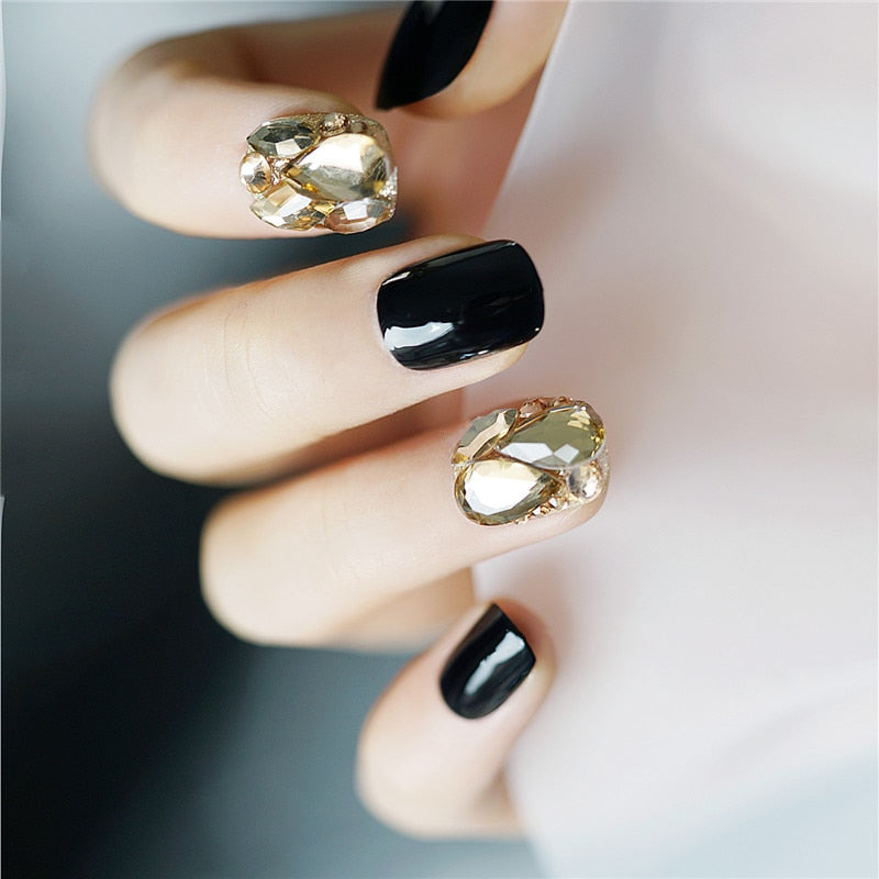 Fake Nails Short Black Champagne Full Diamond Nail Stickers Finished  24 Pcs pre decorated nails With Glue TN