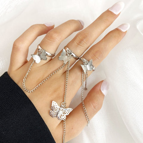 Punk Butterfly Heart Angel Key Pendant Chain Set Of Rings For Women Vintage Cross Snake Gothic Fidget Ring Jewelry Gift Trend
