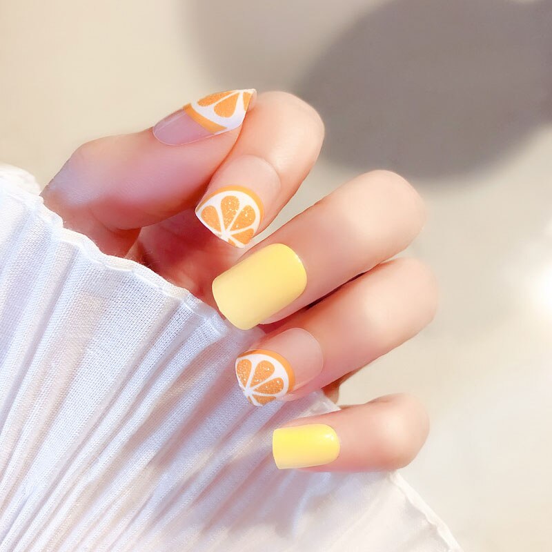 24PCS New Fashion Full Cover Fake Nail Ins Style Yellow Orange Shape Fake press on nails Cute Girls pre design acrylic nail tips