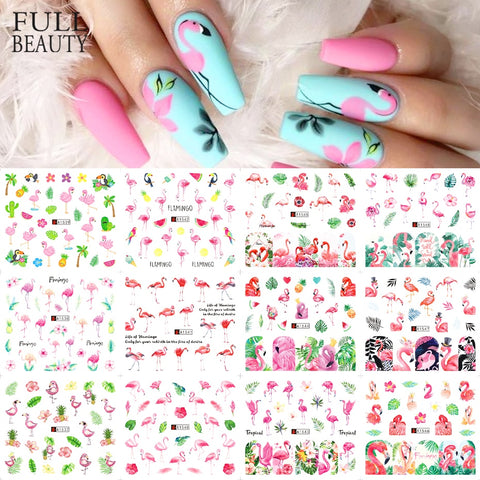 Beyprern 12 Designs Flamingo Rainforest Nail Art Stickers Colorful Flowers Leaves Water Transfer Slider Foil Cartoons Decals CHA1537-1548