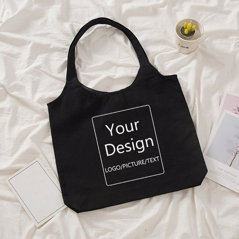 Custom Tote Bag Shopping Your Text Print Picture Logo Design White Black Unisex Fashion Travel Canvas Bags Shoulder Bags Button