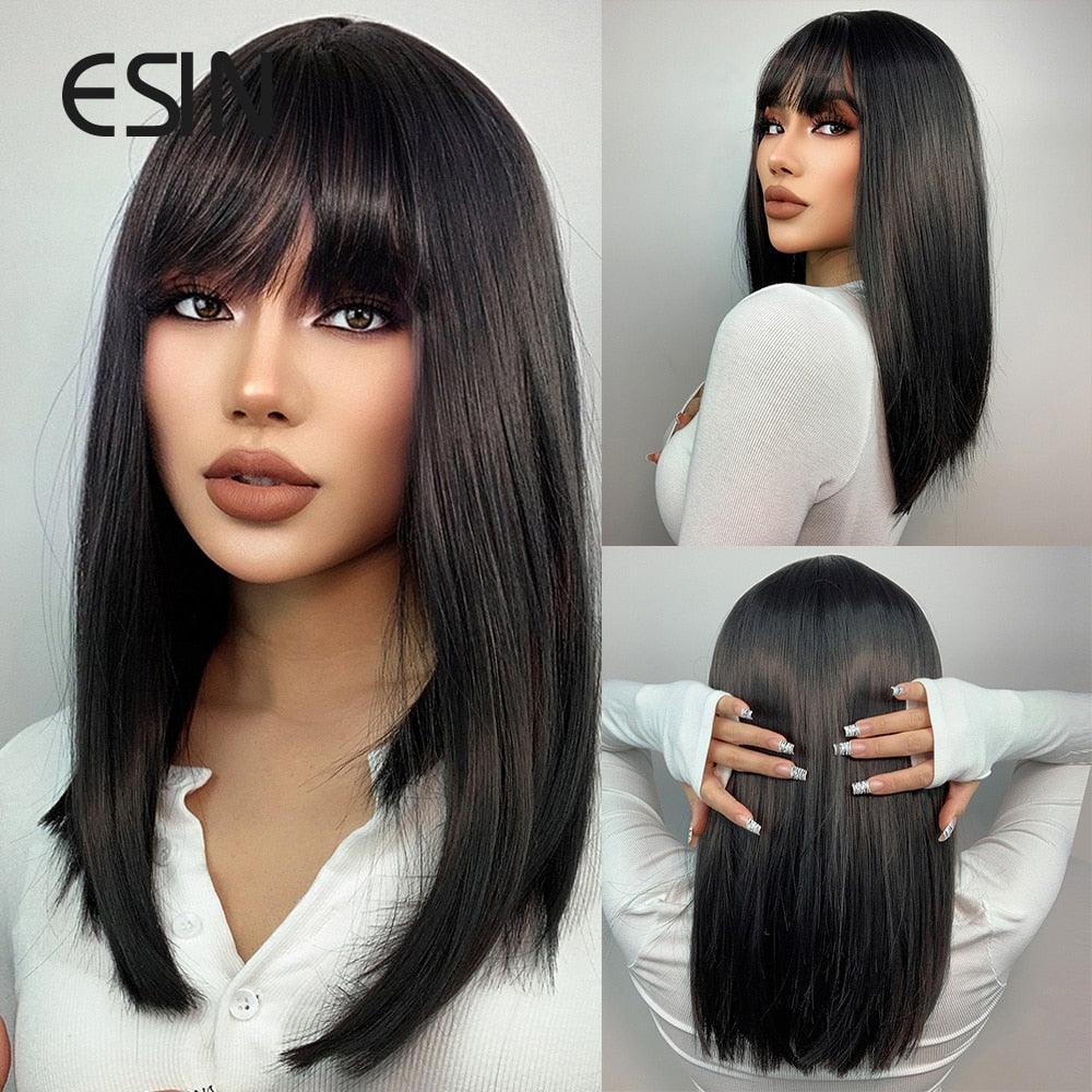 Black Friday Big Sales Synthetic Hair Medium Long Straight Wig With Bangs INS Cosplay Natural Wigs For Women Heat Resistant