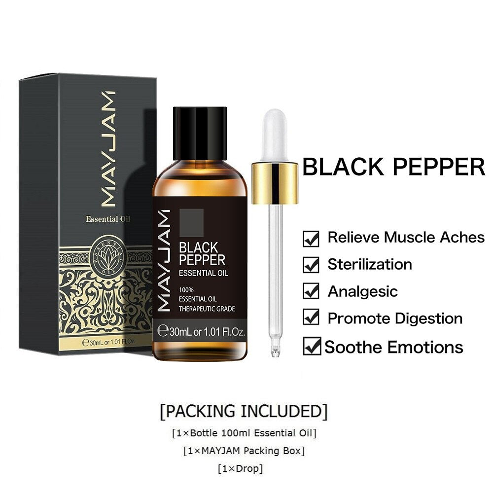 30ml Pure Natural Black Pepper Essential Oils Clary Sage Cajeput Myrrh Fennel Basil Thyme Vetiver Ginger Body Skin Massage Oil