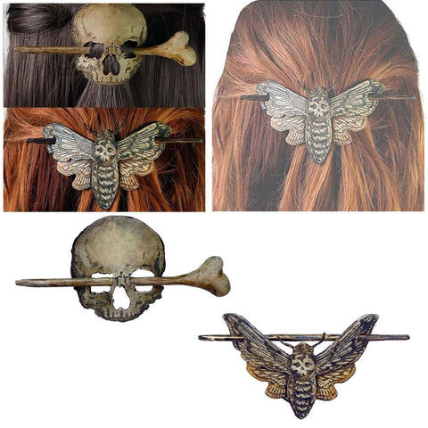 Beyprern Halloween 2 Shape Retro Distressed Skull Hairpins Death Moth Hair Accessories Skull Bug Shape Hair Clip With Stick Jewelry Stylish